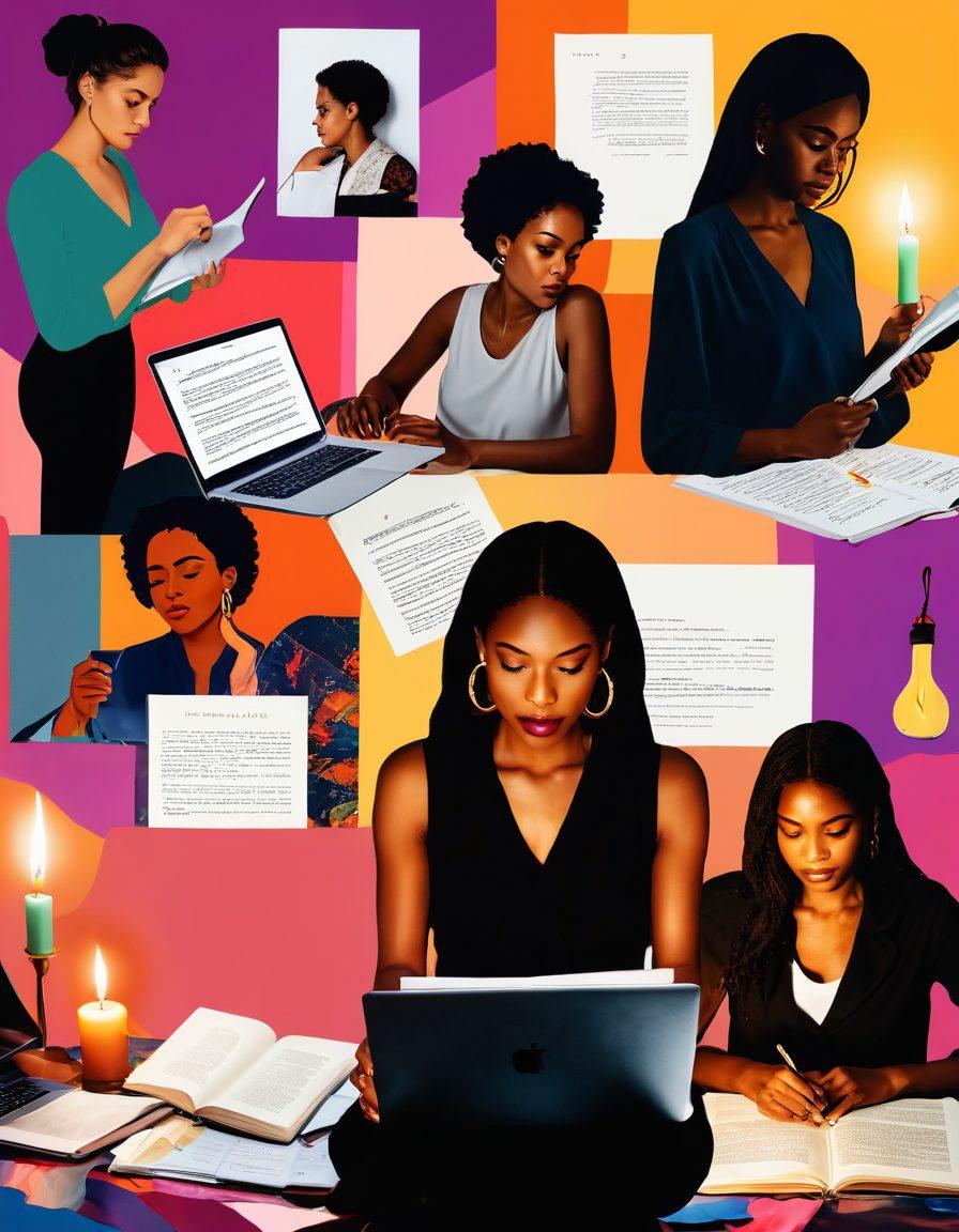 A collage of diverse bloggers engaged in writing, with one showcasing sensual narratives through an elegant open notebook adorned with soft candlelight, another is passionately typing on a laptop, surrounded by articles highlighting socio-political issues, all set against an abstract backdrop of dynamic colors representing both the sensual and political aspects. vibrant colors. contemporary art.