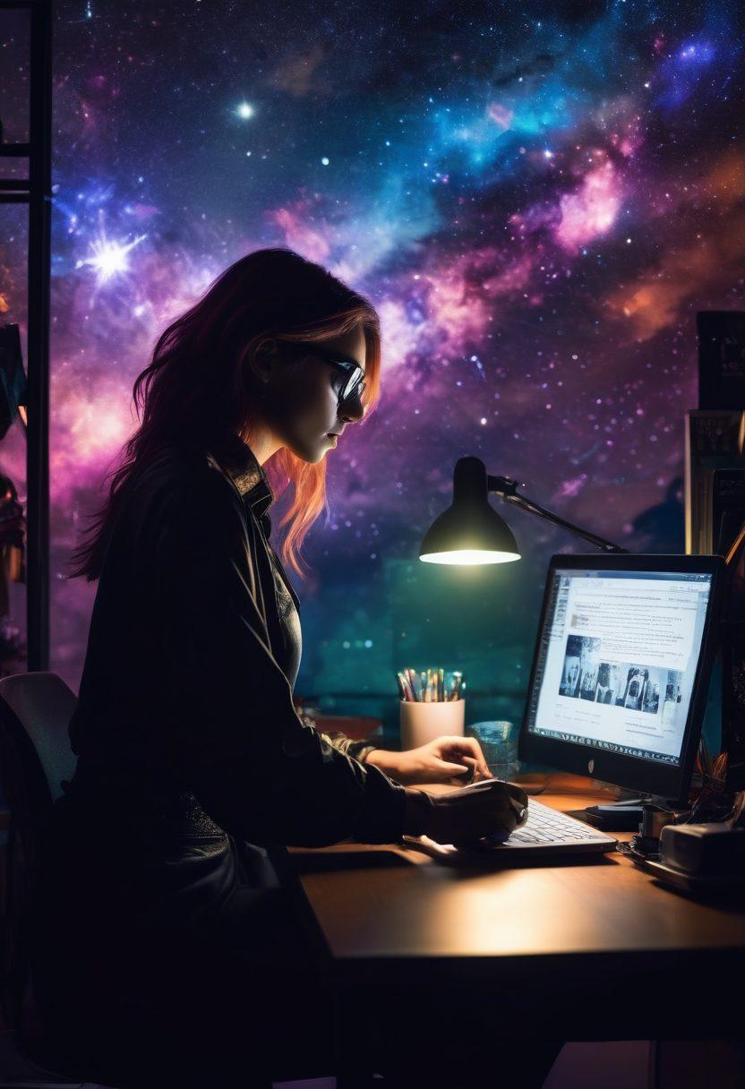 A silhouette of a confident blogger sitting at a desk adorned with provocative literature and artistic NSFW imagery, surrounded by digital devices displaying colorful blog posts. The blogger is engaged in writing, with a backdrop of a starry night sky symbolizing endless possibilities. Soft ambient lighting creates an intimate yet professional atmosphere. An intriguing blend of elegance and boldness in style. vibrant colors. cyberpunk.