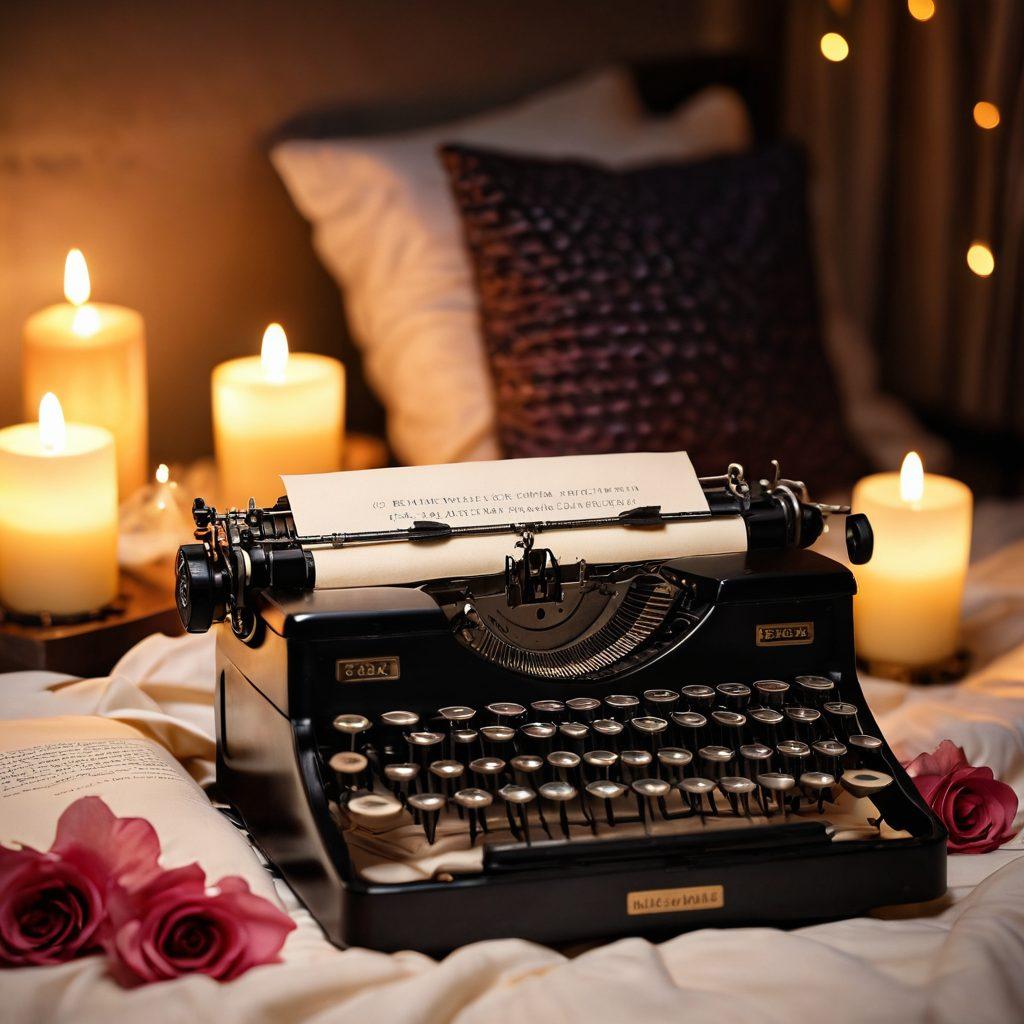 A sultry and inviting scene of a vintage typewriter surrounded by soft candlelight, with romantic and whimsical elements like silky sheets and rose petals scattered around. In the background, blurred silhouettes hint at intimate storytelling, featuring a cozy nook with plush pillows and a dim ambiance. This evocative composition highlights the art of crafting engaging erotic blogs. super-realistic. warm tones. gentle focus.